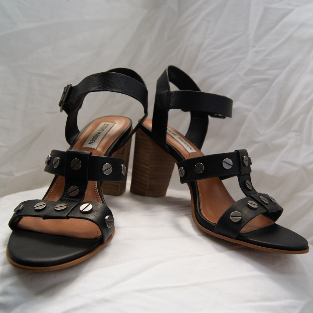 Steve Madden Studded Black Leather Block Heel Sandals - Womens